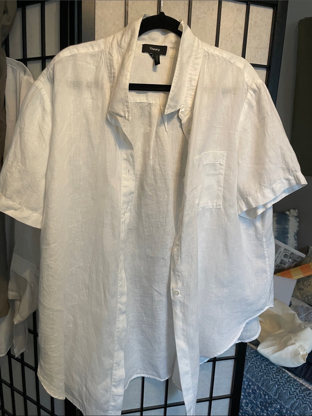 Theory White Short-Sleeve Linen Button-Down Shirt